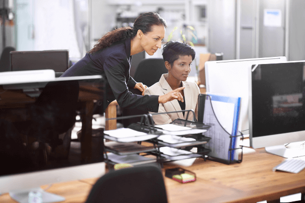 Role model leader mentors employee at office desk